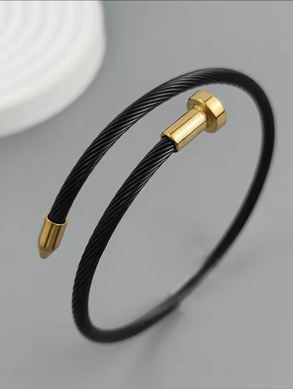 Black Twisted Cable Cuff Bracelet with Gold Accent (Unisex)